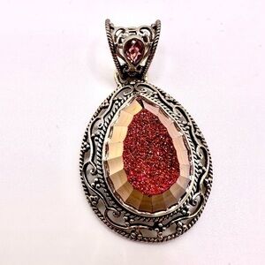 SAJEN 925 Sterling Silver Rainbow Pink Druzy Quartz Gemstone Pendant | N250